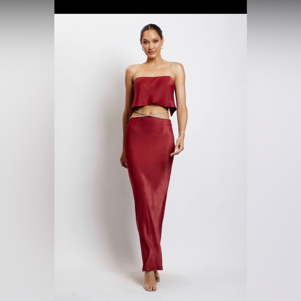 MESHKI Dayana Diamanté maxi skirt and straight cut crop top set
WINE